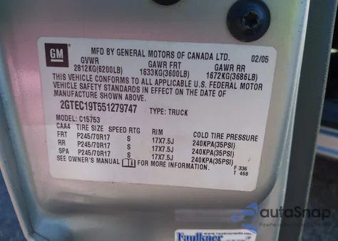 2005 GMC Sierra 1500 Sle from USA, damaged, VIN 2GTEC19T551279747